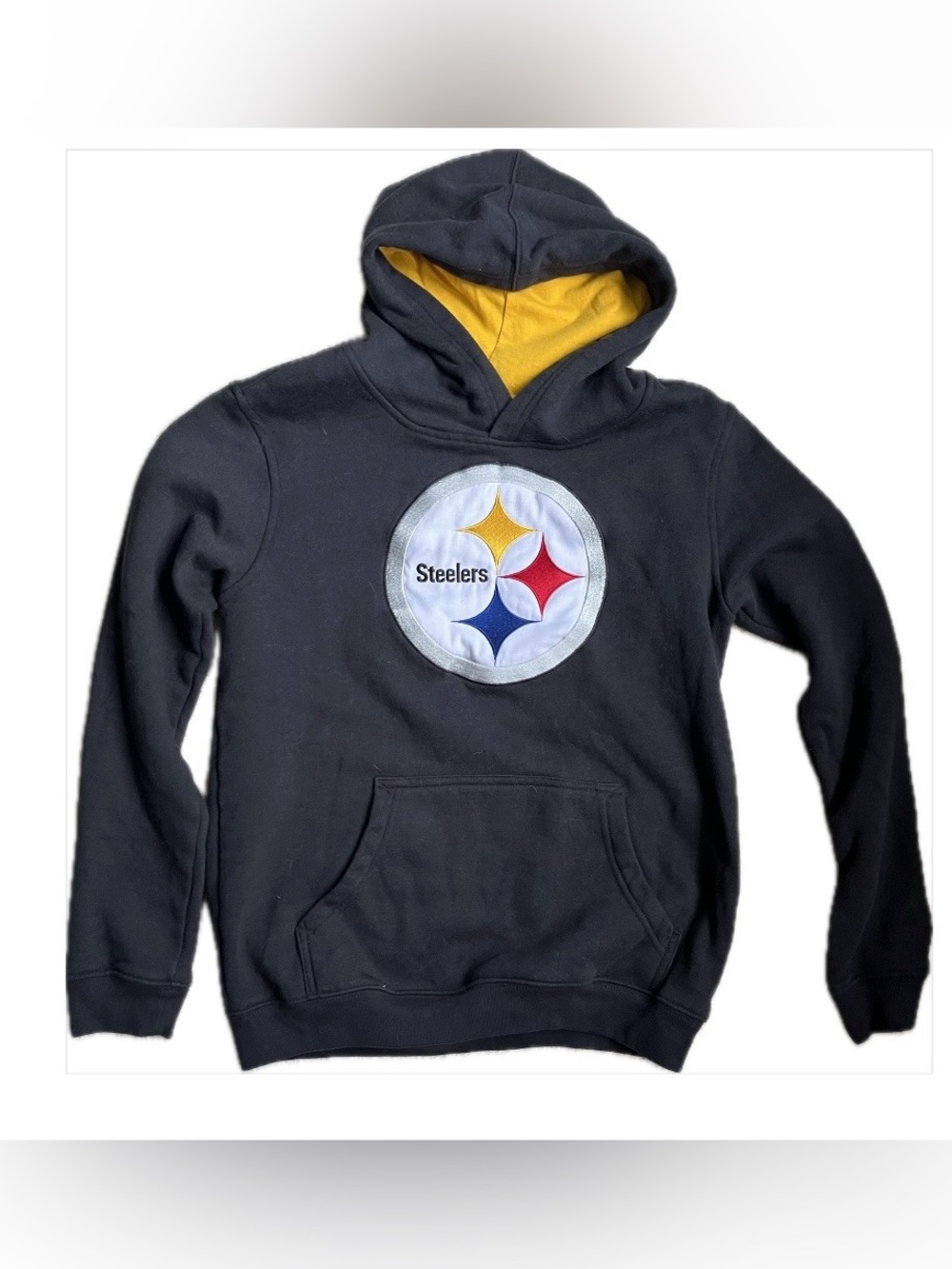Pittsburgh Steelers NFL Black Hoodie with Yellow Hood Lining and Team Crest